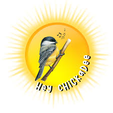 A square logo with a sun. A chickadee (bird) sits on a branch in front and the words Hey Chickadee sit in the bottom right of the sun.