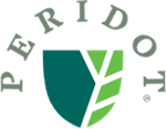 A green sheild style logo that's part leaf and part solid dark green with Peridot written in a half circle above.