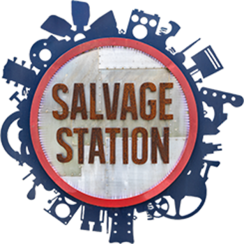 Acircular logo with salvage station written in block font. The cricle is outlined by a red line and a blue outline of musical instruments.